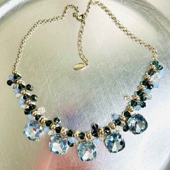 Ann Taylor Light Dark Blue Faceted Rhinestone Silver Tone Statement Necklace - Picture 2 of 3
